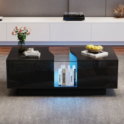 LED Coffee Table With 2 Drawer Storage, High Gloss Coffee Table For Living Room Unique Shape Centre Table With 16-Color Led Lights,End Table For Home Office Furniture, Black