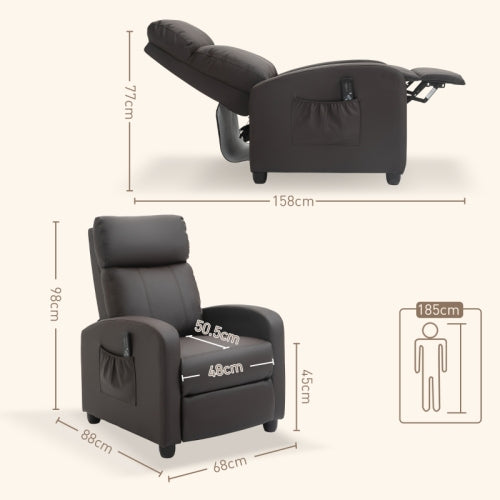 Recliner Armchair, Massage Faux Leather Push Back Reclining Chair With Adjustable Leg Rest, Side Pocket, For Home Living Room Theatre, Brown HOMCOM