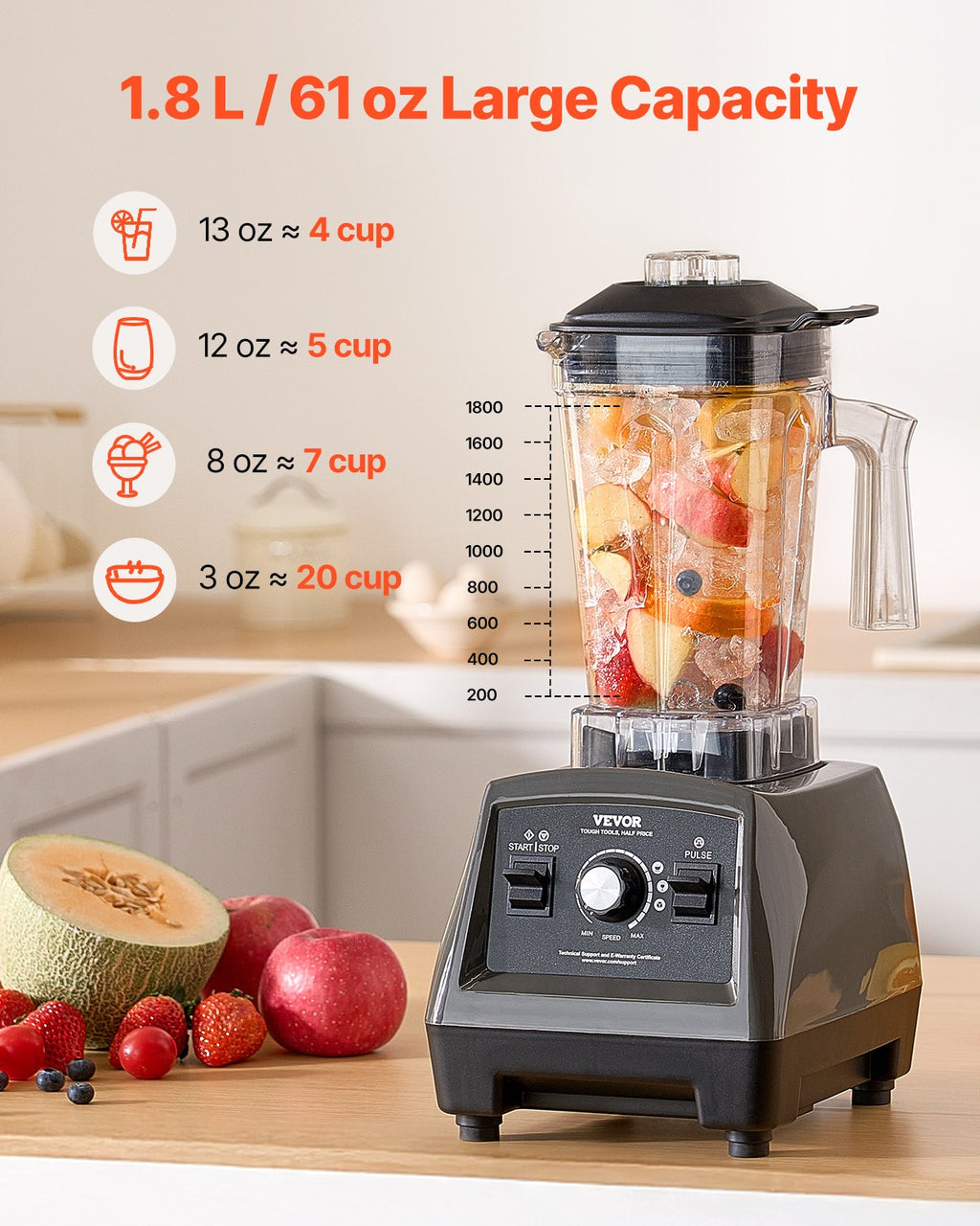 61 Oz 1400W Blender For Smoothies Food Processing Blender For Kitchen