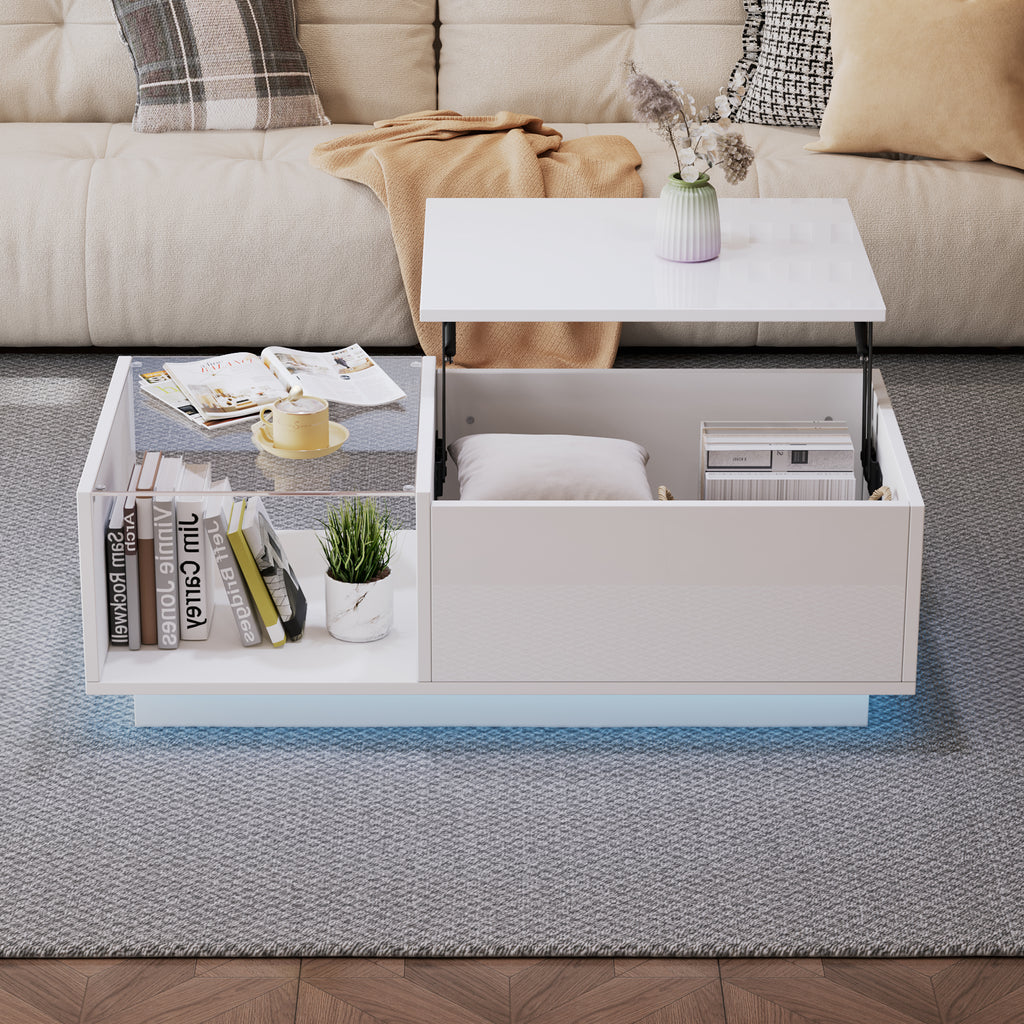 Lift Up Coffee Table Hidden Storage, High Gloss Centre Table With LED, Lifting Sofa Side Table, Space-saving End Table For Living Room Bedroom, Reception, Tea Table, 100x50x33cm, White,MDF Glass