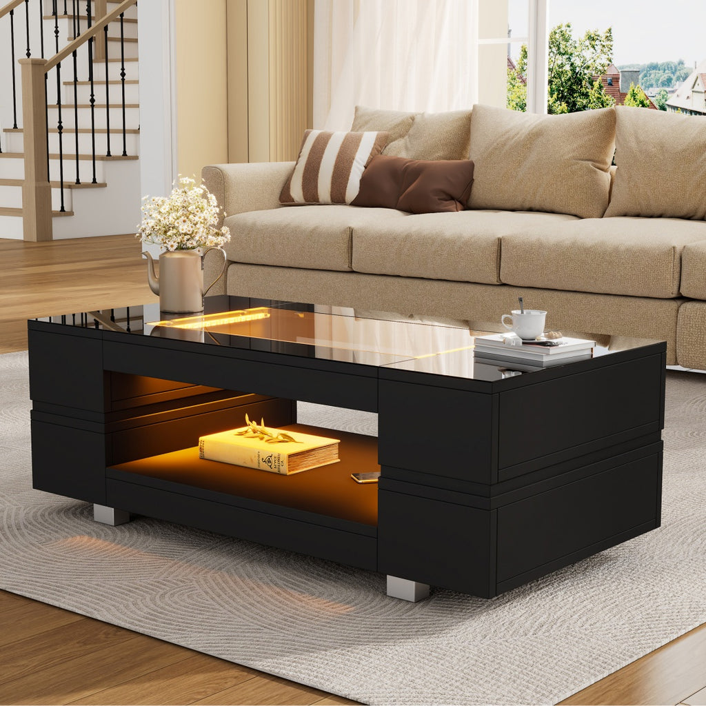 Hollow Coffee Table With Open Storage, Centre Table, Sofa Side Table With LED, High Gloss End Table With Glass Tabletop, Living Room, Office, Apartment100x50x35cm, White, MDF Glass
