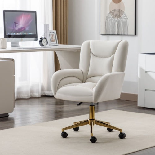 Full KD Velvet Fabric Material Adjustable Height Swivel Home Office Chair For Indoor Office With Gold Legs, Ivory