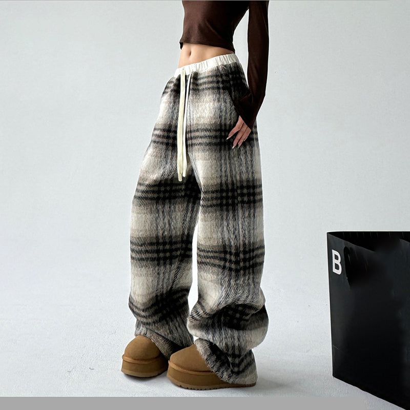 Women's High-Waisted Plaid Wide Leg Pants, Check Pattern Trousers With Drawstring Waist And Pockets