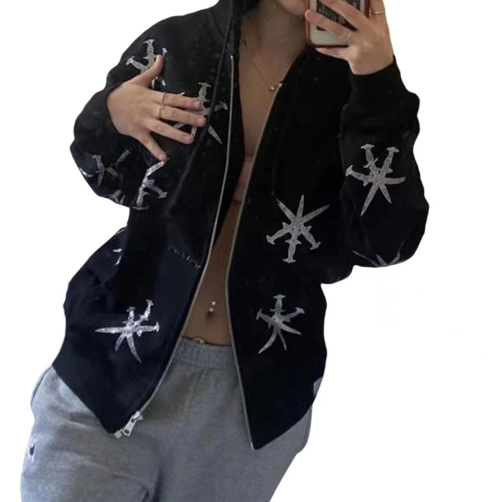 Rhinestone Gothic Streetwear Zip-up Hoodie