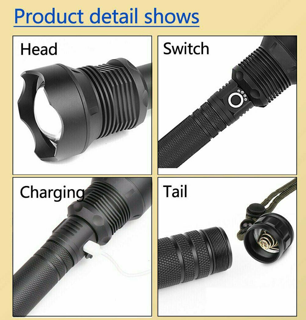 LED Flashlight Zoom USB Rechargeable Super Bright Torch Camping Lamp Work Light