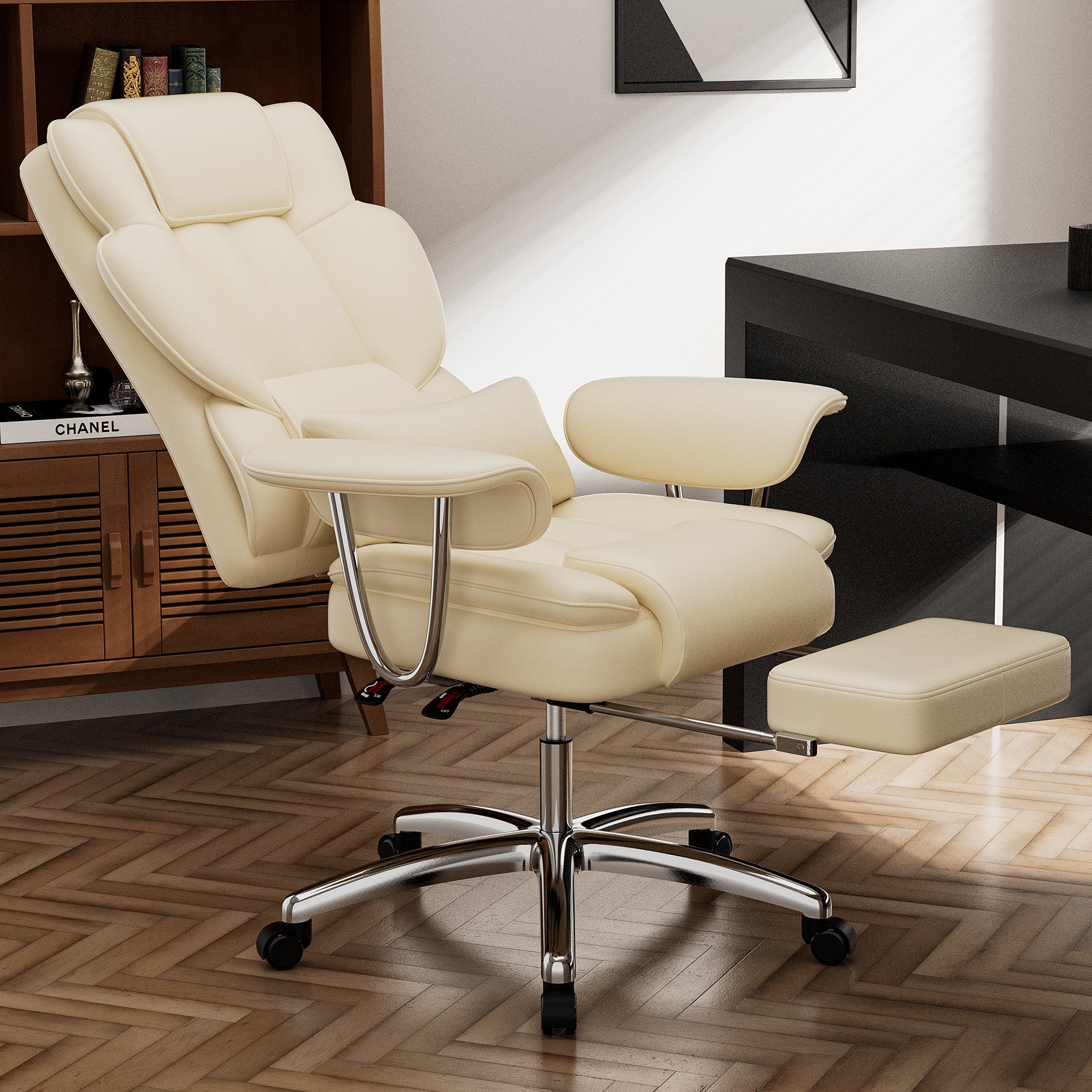 Office Chair, Big And Tall Executive Office Chair With Footrest, Leather Computer Chair, Ergonomic Reclining Chair High Back , Large Home Office Chair Beige