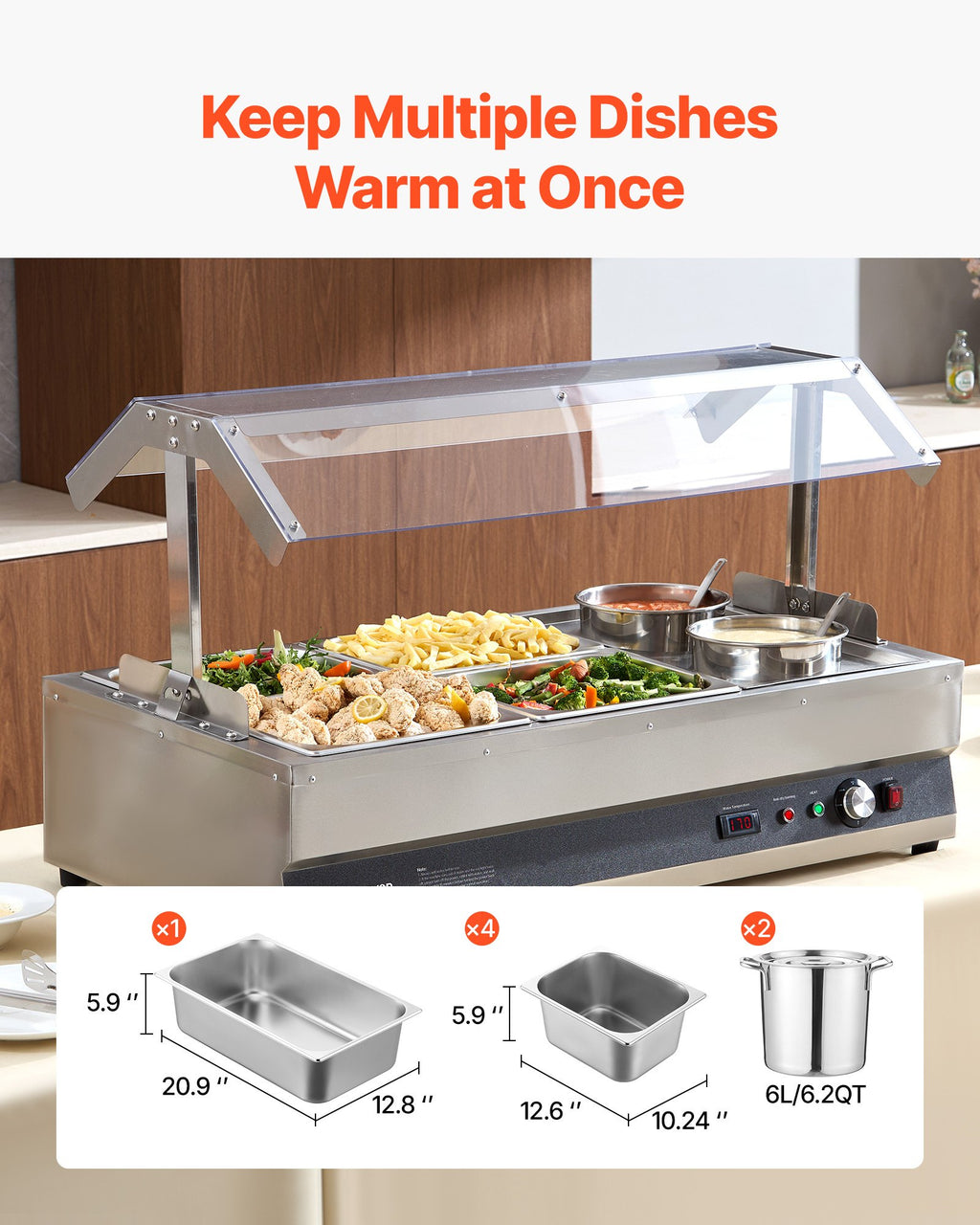 Commercial Warmer FOOD & Soup Station With Cover 2-Pot & 4-Pan Kettle
