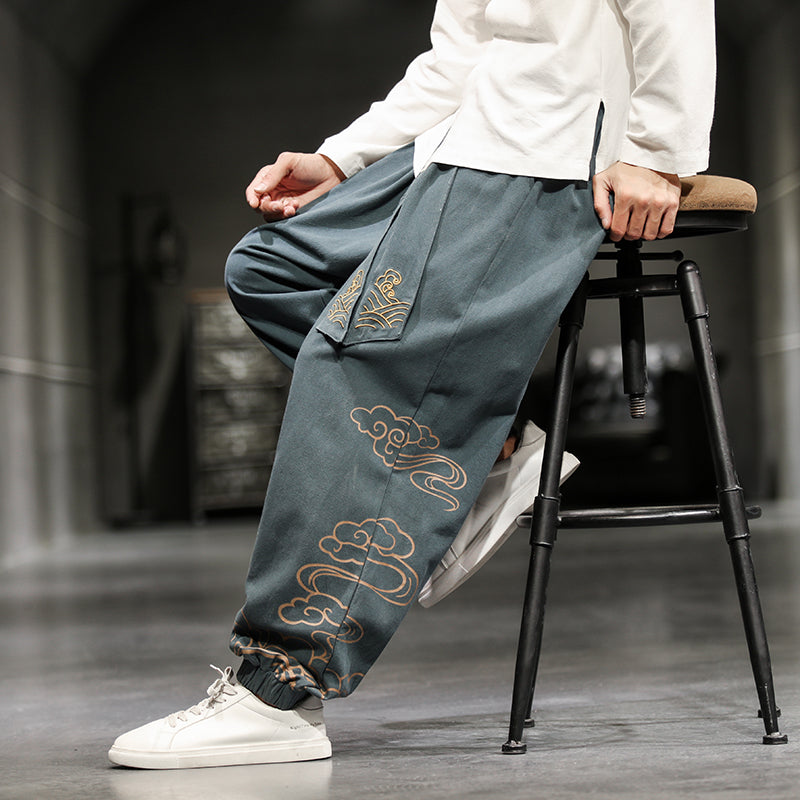 New Chinese Style Men's Trousers Printed Loose Wide-leg Baggy
