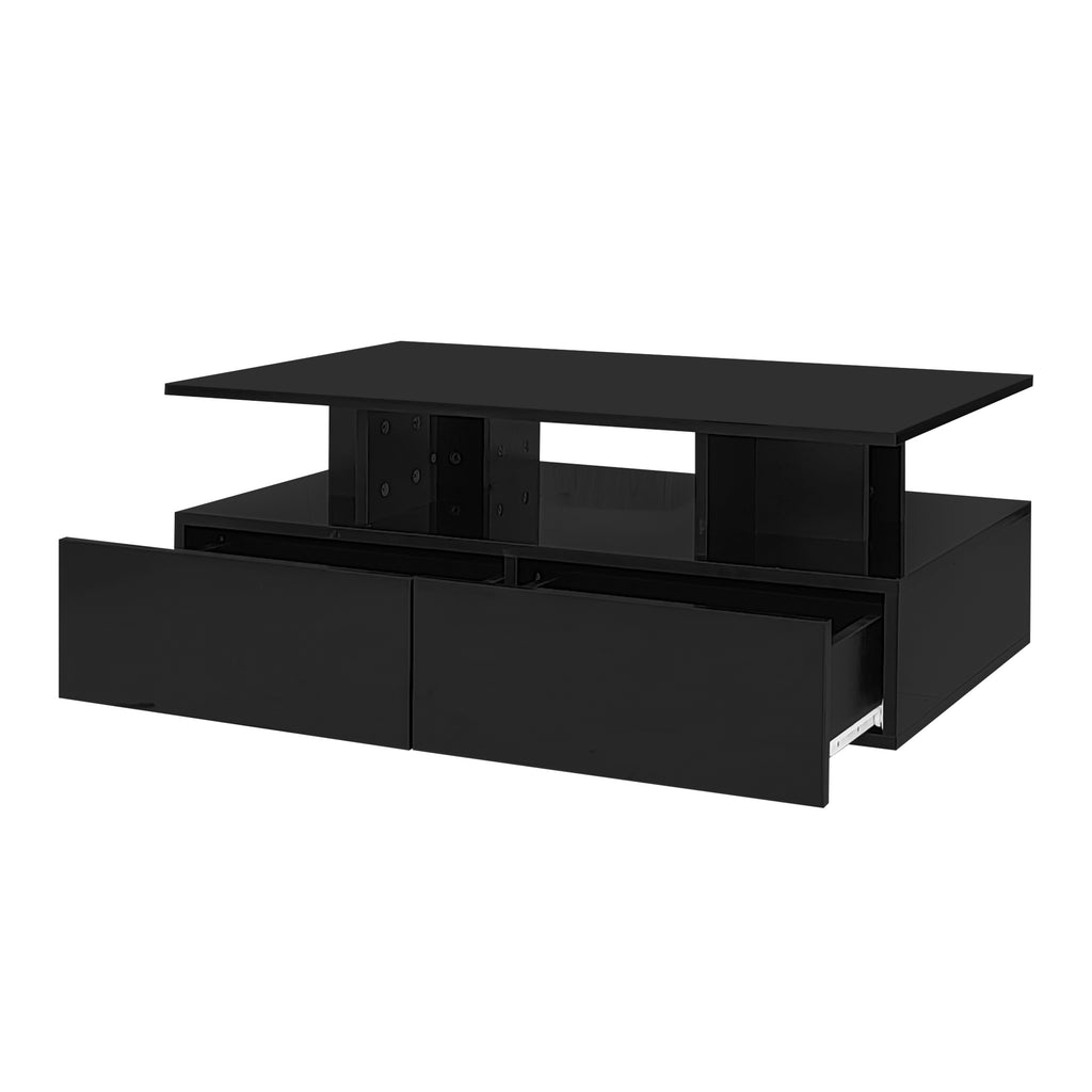 High Gloss Coffee Tables For Living Room Black Tea Side End Table With LED Lights, Rectangle Console Centre Wooden Sideboard Modern Office Furniture
