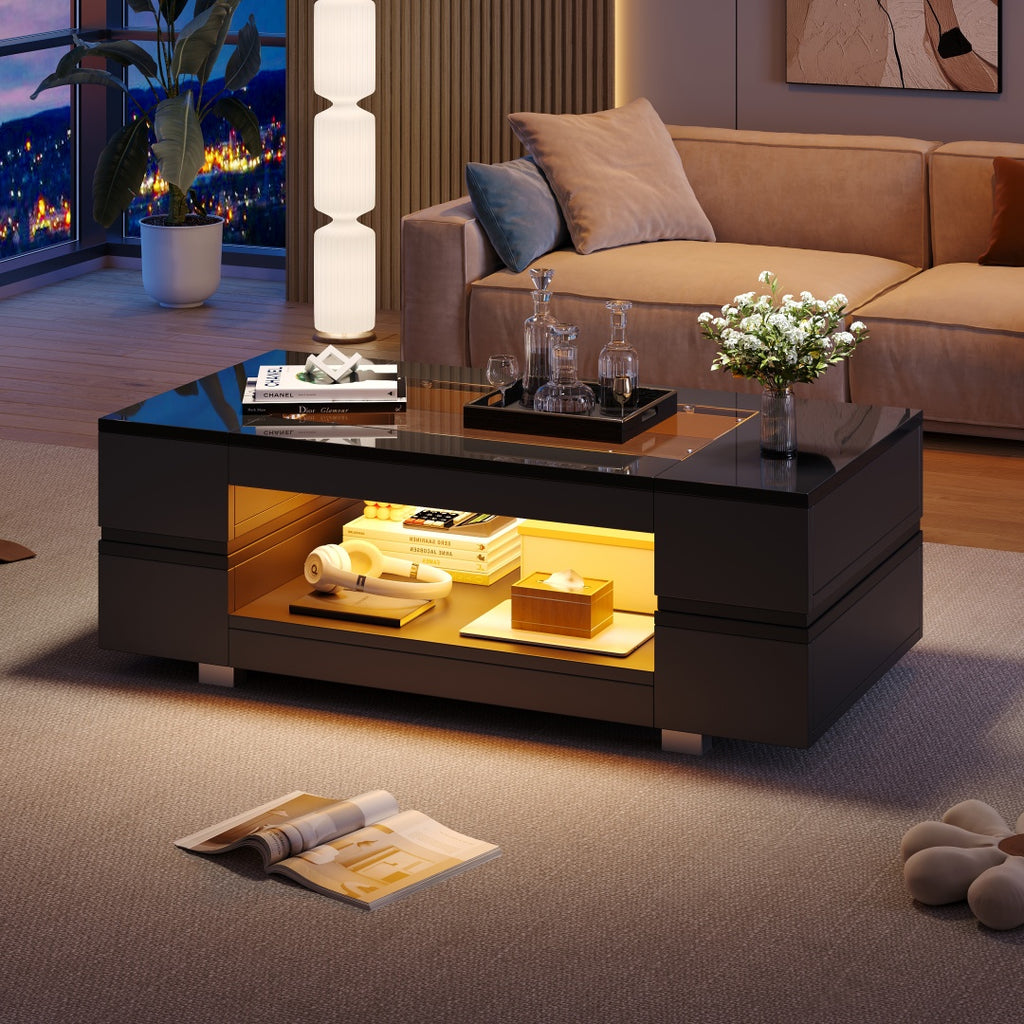 Hollow Coffee Table With Open Storage, Centre Table, Sofa Side Table With LED, High Gloss End Table With Glass Tabletop, Living Room, Office, Apartment100x50x35cm, White, MDF Glass