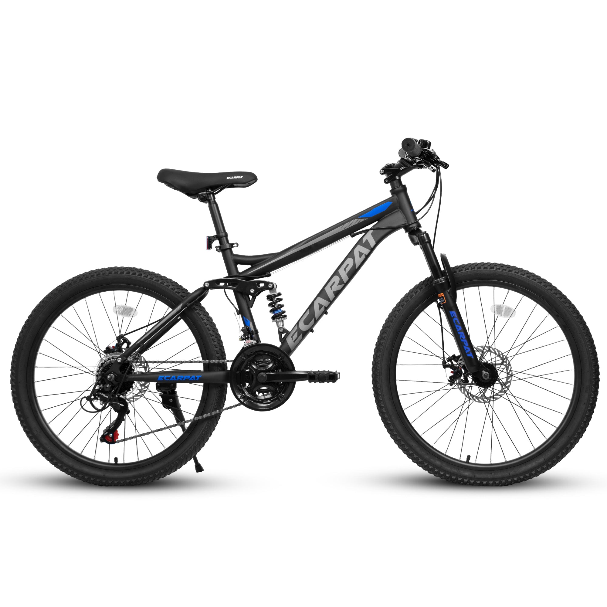 A2460 24 Inch Mountain Bike With Full Suspension, 21 Speed Shifter Lever With Gear Indicator, High Carbon Steel Frame, Mechanical Disc Brakes, Unisex For Men Women Adults, Ideal For Trails.