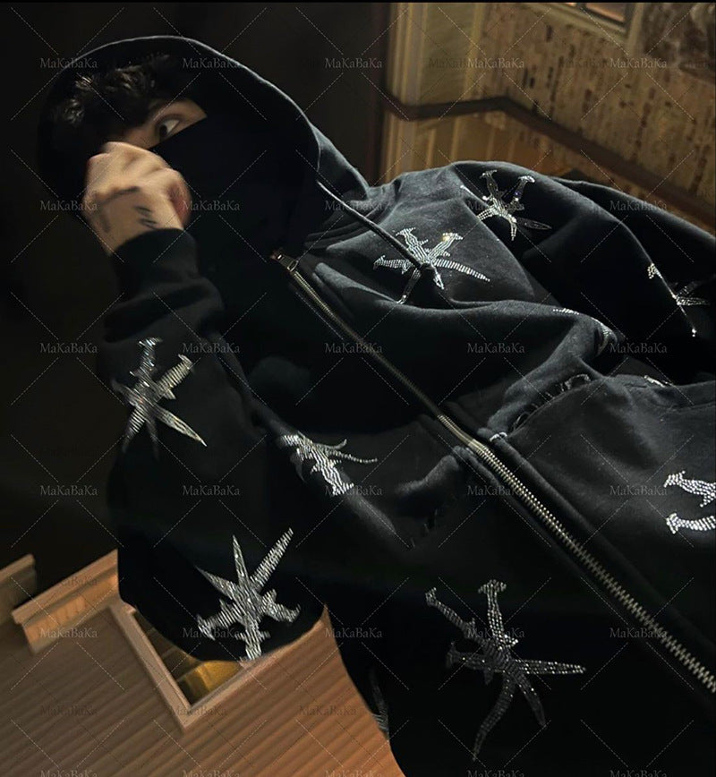 Rhinestone Gothic Streetwear Zip-up Hoodie