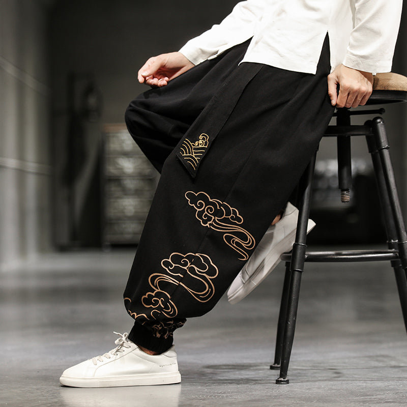 New Chinese Style Men's Trousers Printed Loose Wide-leg Baggy