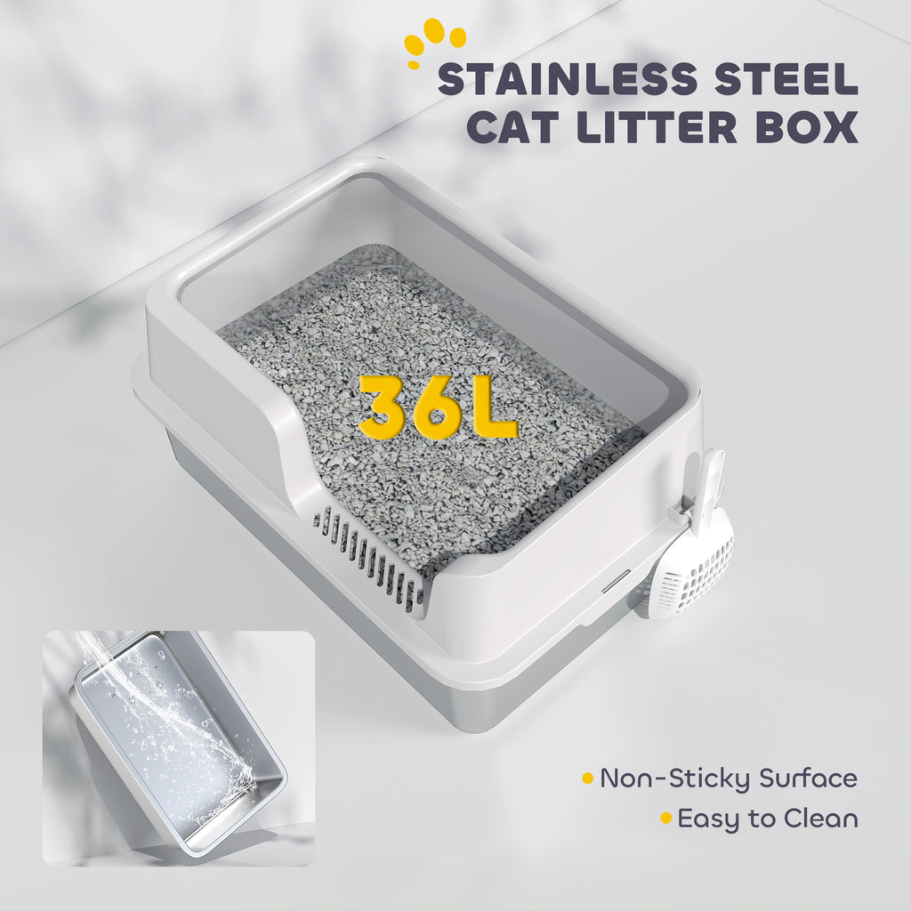 Stainless Steel Litter Box With High Side, Scoop, Easy Cleaning & Anti-Urine Leakage, For Big Cats, Light Gray