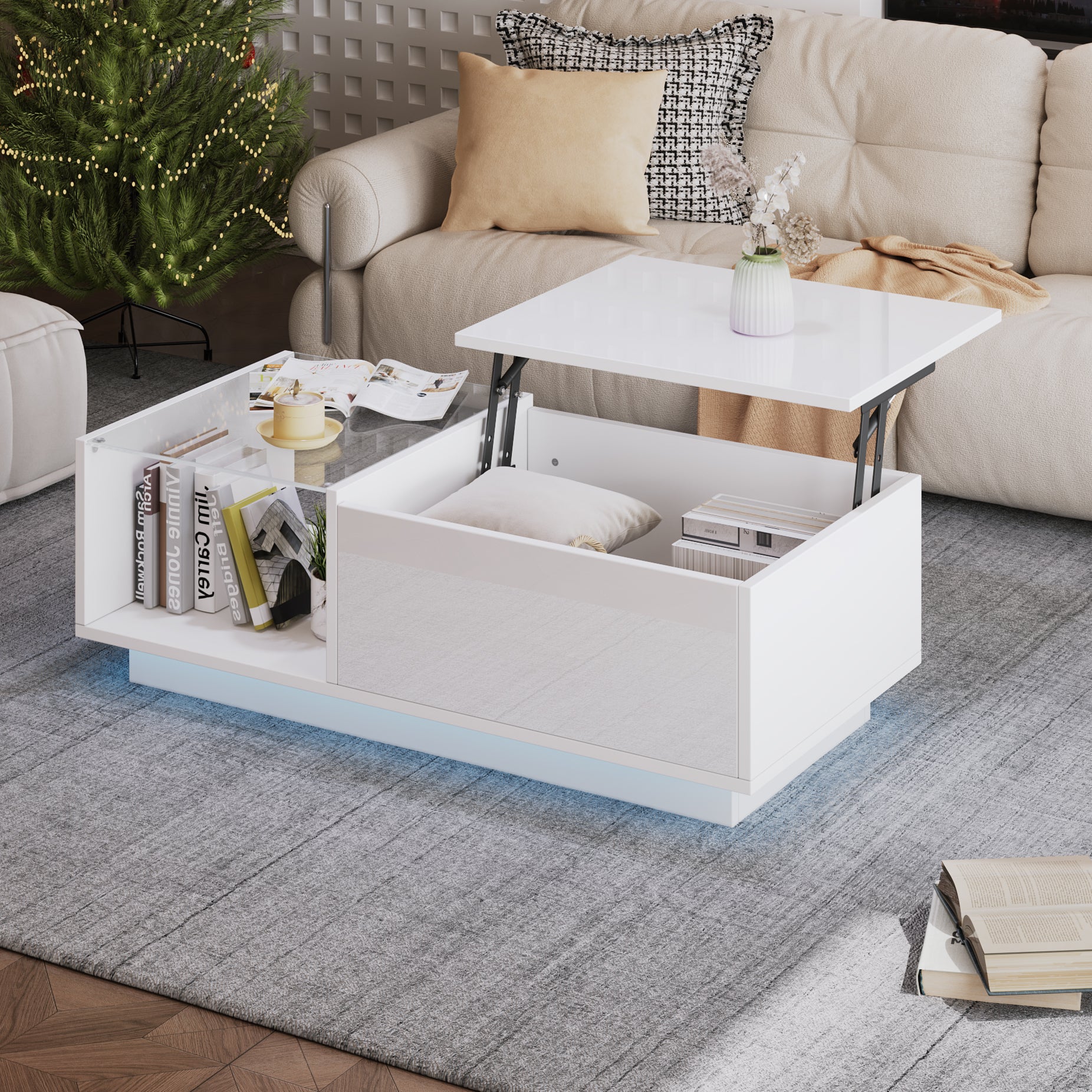 Lift Up Coffee Table Hidden Storage, High Gloss Centre Table With LED, Lifting Sofa Side Table, Space-saving End Table For Living Room Bedroom, Reception, Tea Table, 100x50x33cm, White,MDF Glass