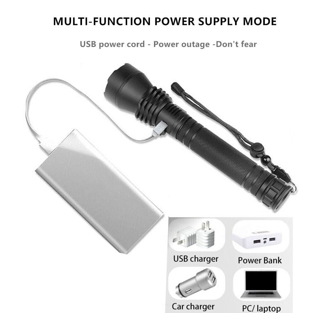 LED Flashlight Zoom USB Rechargeable Super Bright Torch Camping Lamp Work Light