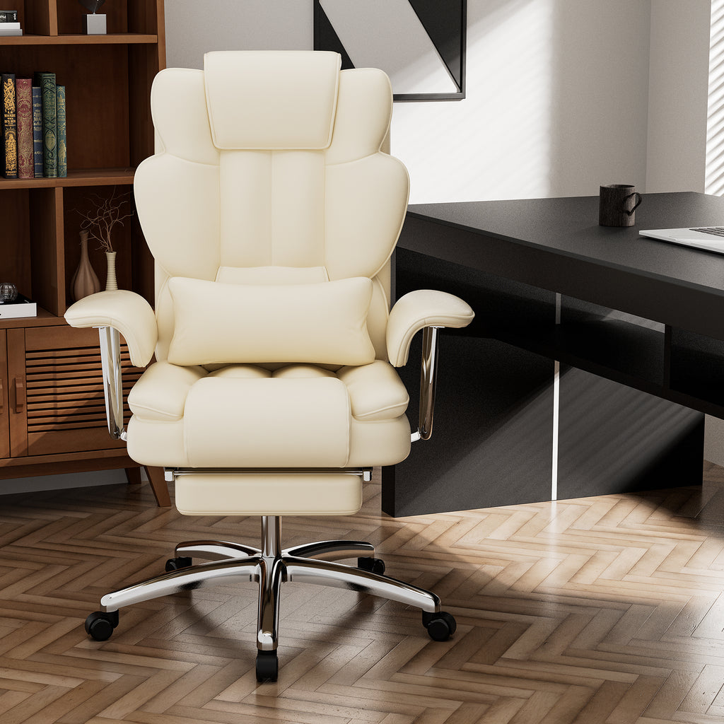 Office Chair, Big And Tall Executive Office Chair With Footrest, Leather Computer Chair, Ergonomic Reclining Chair High Back , Large Home Office Chair Beige