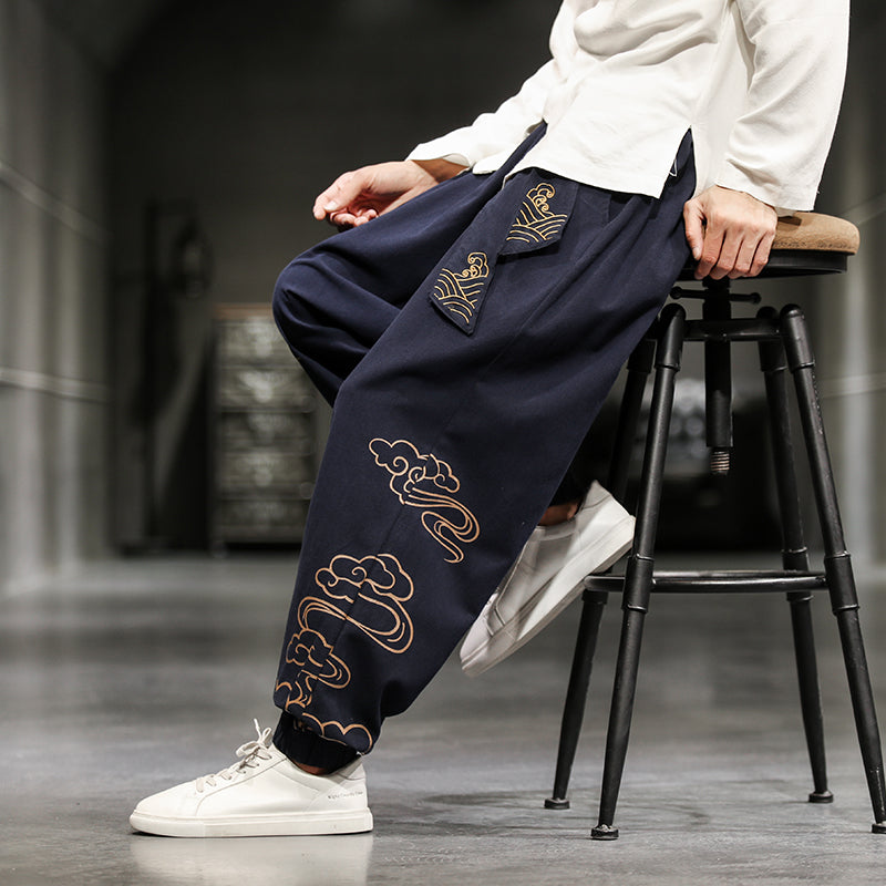 New Chinese Style Men's Trousers Printed Loose Wide-leg Baggy