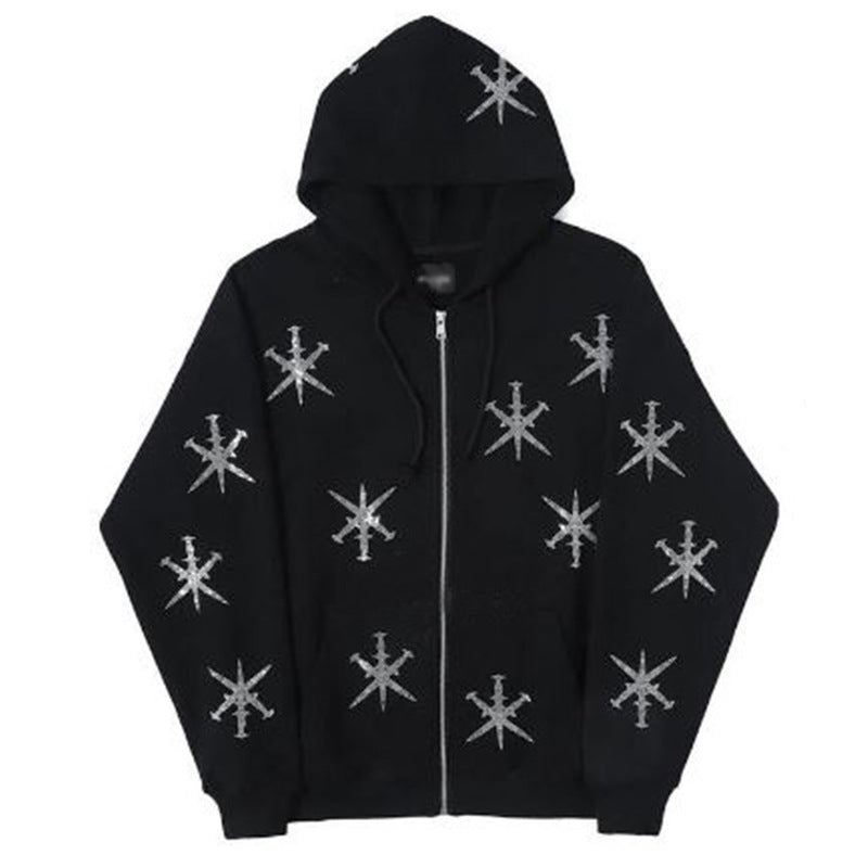 Rhinestone Gothic Streetwear Zip-up Hoodie