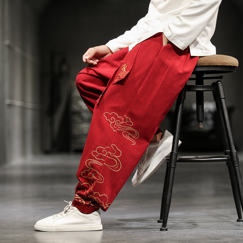 New Chinese Style Men's Trousers Printed Loose Wide-leg Baggy