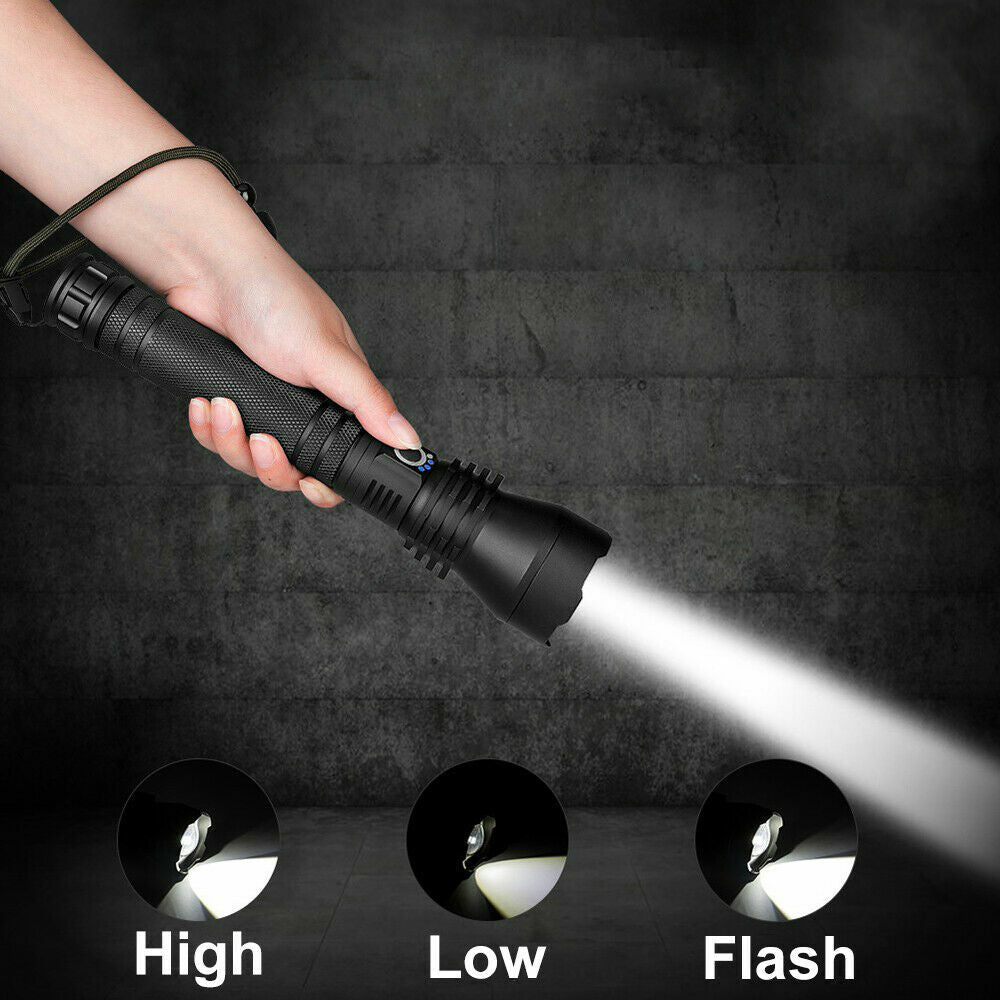 LED Flashlight Zoom USB Rechargeable Super Bright Torch Camping Lamp Work Light