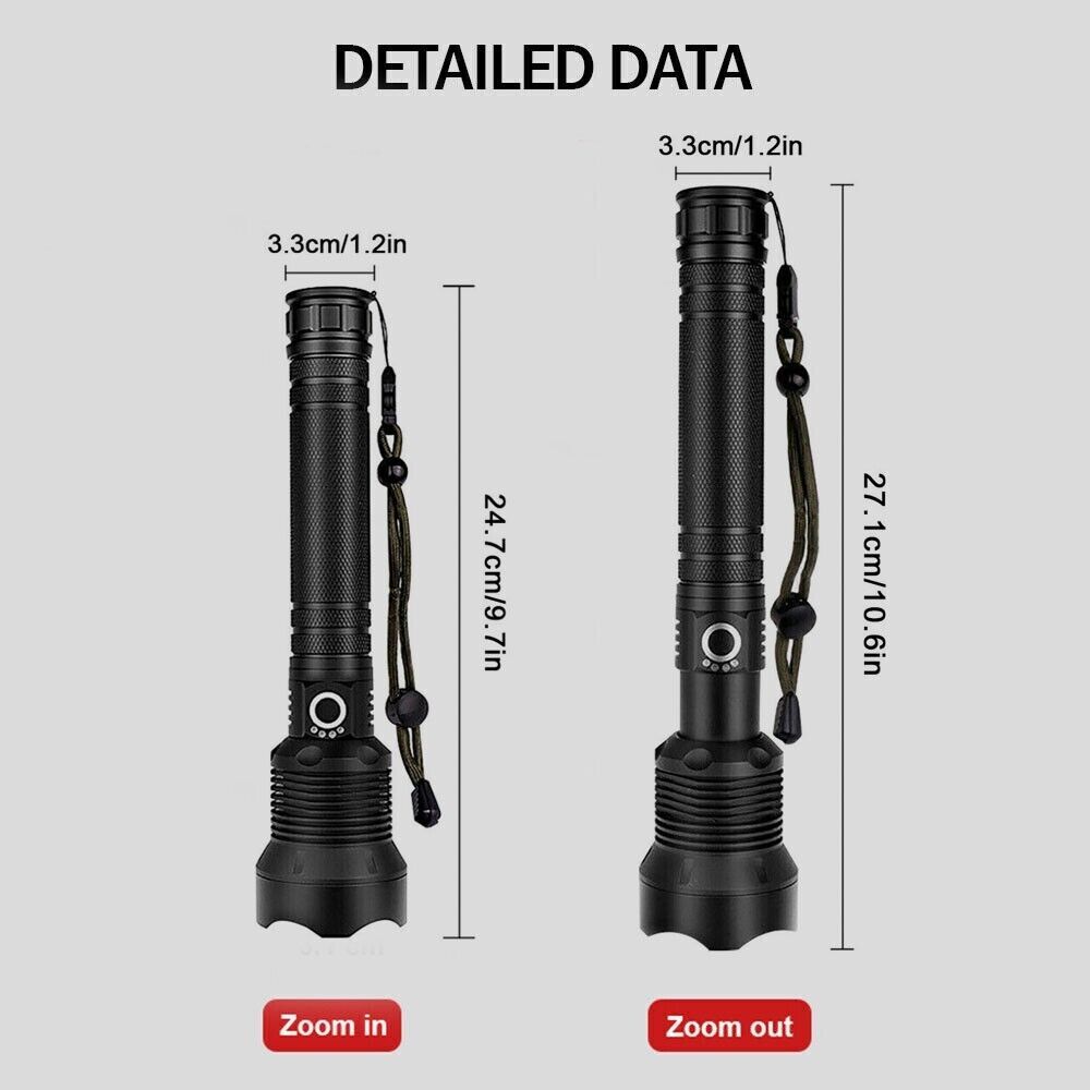 LED Flashlight Zoom USB Rechargeable Super Bright Torch Camping Lamp Work Light