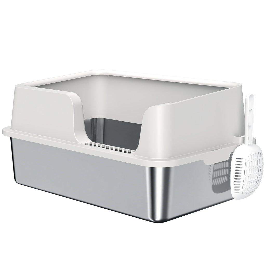 Stainless Steel Litter Box With High Side, Scoop, Easy Cleaning & Anti-Urine Leakage, For Big Cats, Light Gray