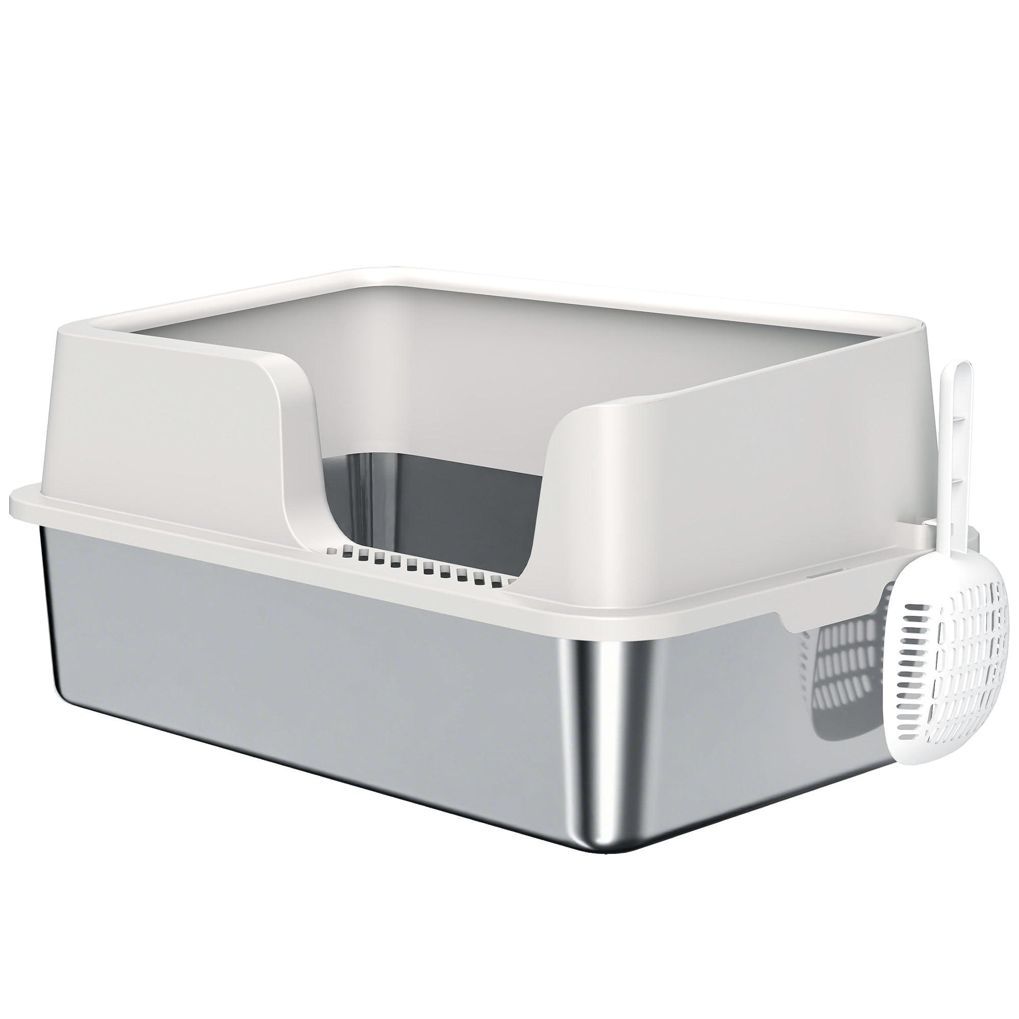 Stainless Steel Litter Box With High Side, Scoop, Easy Cleaning & Anti-Urine Leakage, For Big Cats, Light Gray