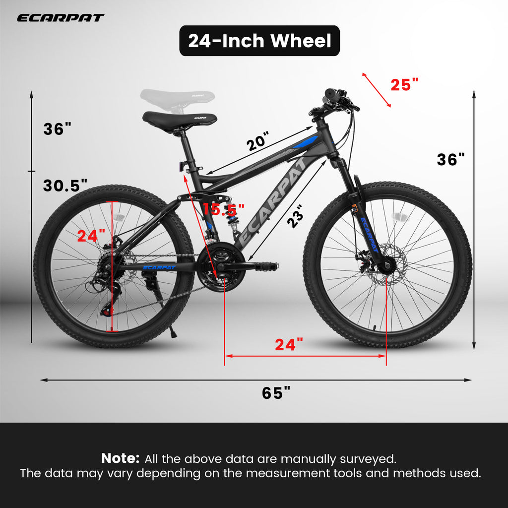 A2460 24 Inch Mountain Bike With Full Suspension, 21 Speed Shifter Lever With Gear Indicator, High Carbon Steel Frame, Mechanical Disc Brakes, Unisex For Men Women Adults, Ideal For Trails.