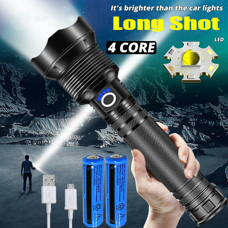 LED Flashlight Zoom USB Rechargeable Super Bright Torch Camping Lamp Work Light