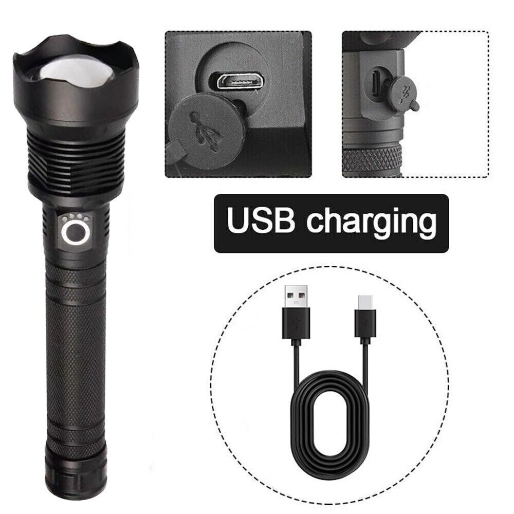 LED Flashlight Zoom USB Rechargeable Super Bright Torch Camping Lamp Work Light