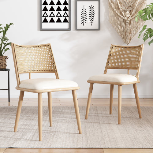 Set Of 2, PU Seat, Rattan Backrest, Bamboo Kitchen Chair With Imitation Rattan Backrest And Retro Side Armchair, Suitable For Home, Restaurant, Living Room, Cafe,beige