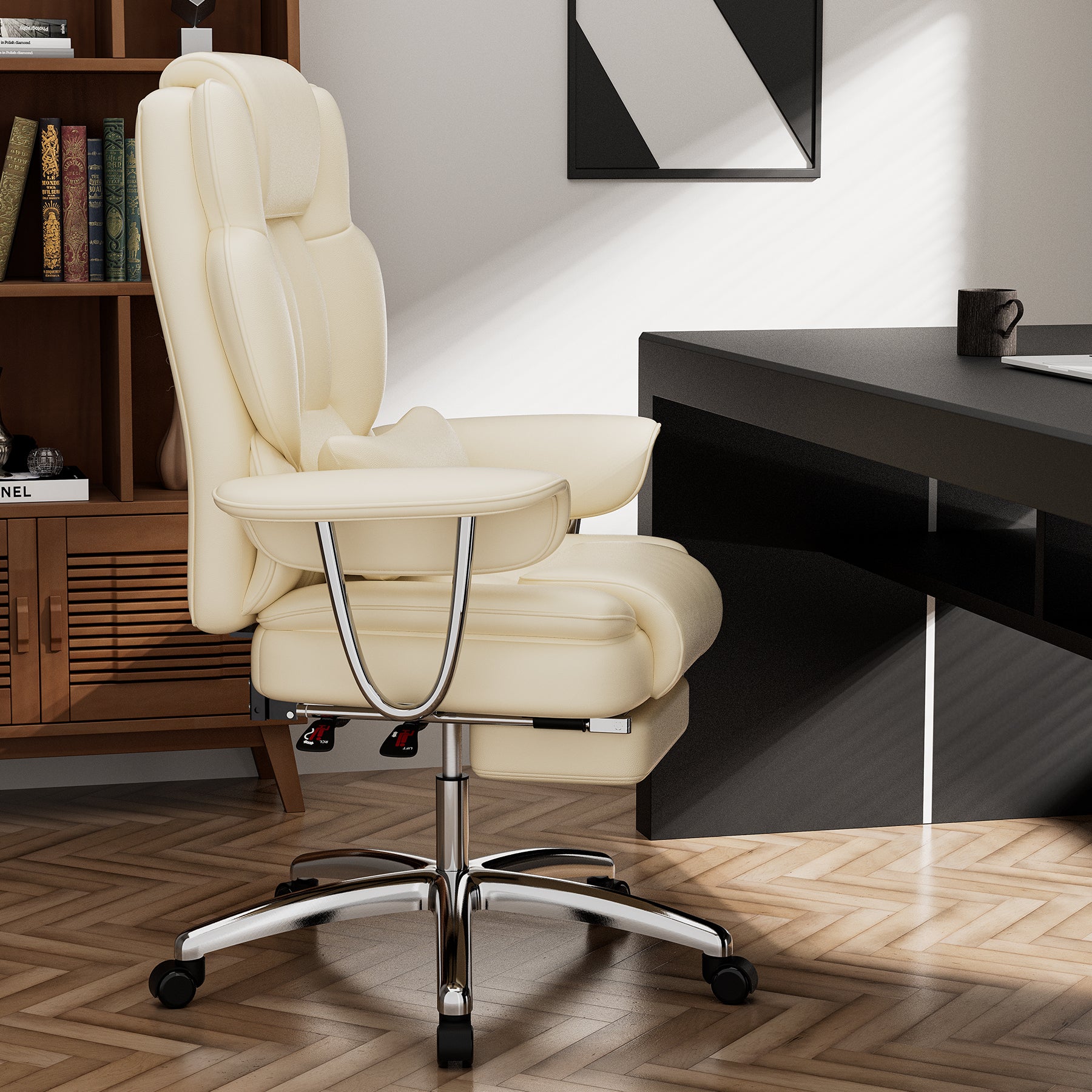 Office Chair, Big And Tall Executive Office Chair With Footrest, Leather Computer Chair, Ergonomic Reclining Chair High Back , Large Home Office Chair Beige