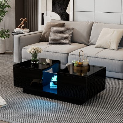 LED Coffee Table With 2 Drawer Storage, High Gloss Coffee Table For Living Room Unique Shape Centre Table With 16-Color Led Lights,End Table For Home Office Furniture, Black