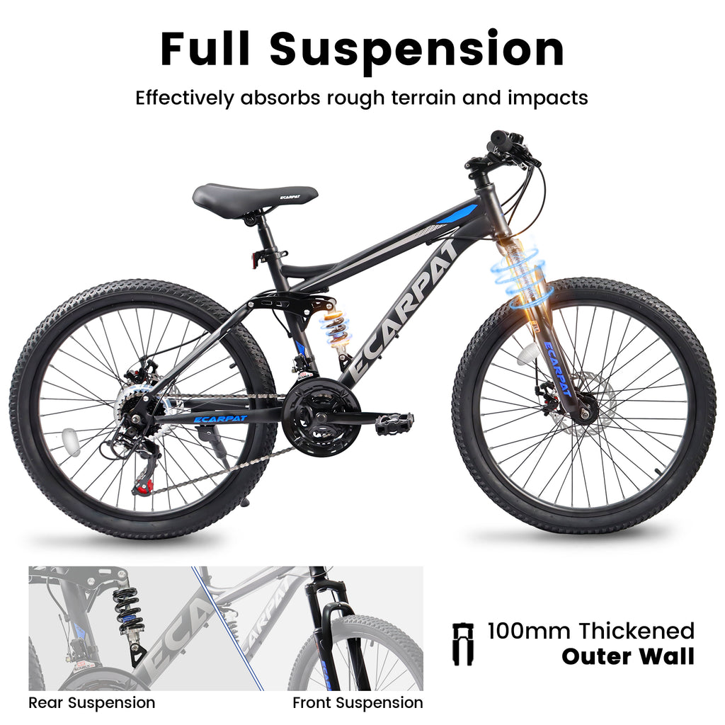 A2460 24 Inch Mountain Bike With Full Suspension, 21 Speed Shifter Lever With Gear Indicator, High Carbon Steel Frame, Mechanical Disc Brakes, Unisex For Men Women Adults, Ideal For Trails.