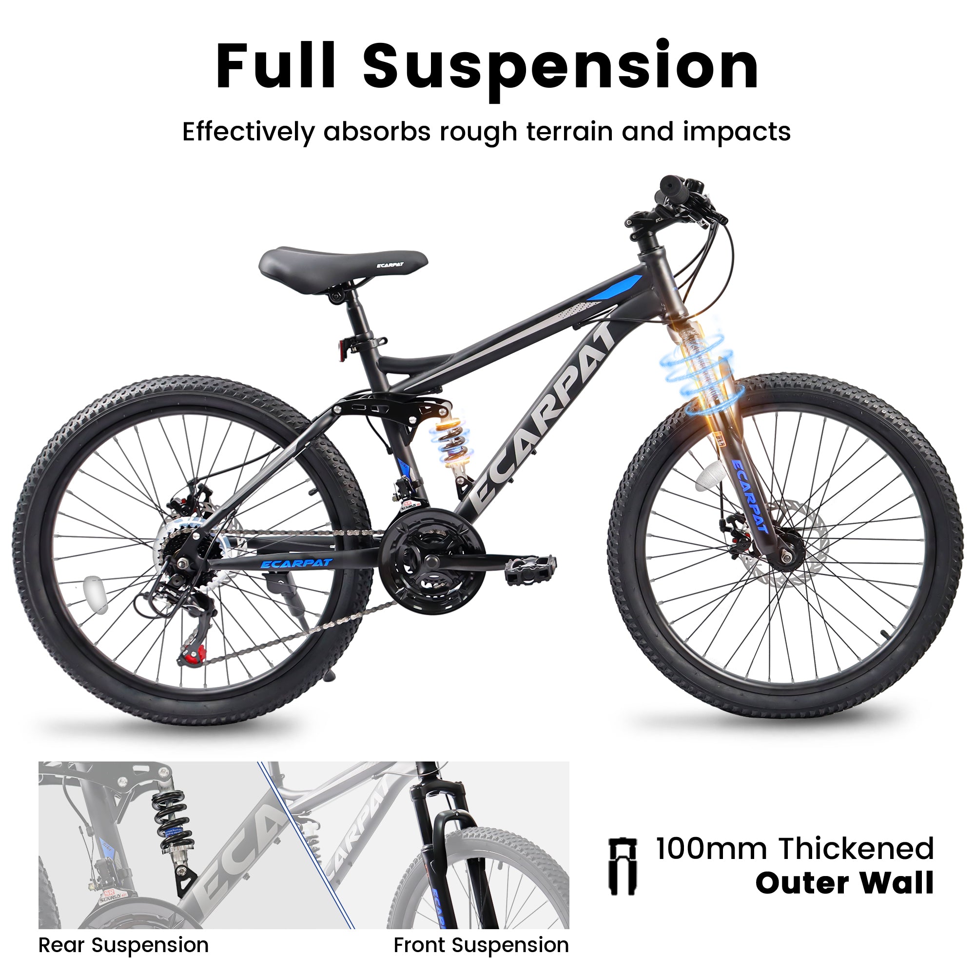 A2460 24 Inch Mountain Bike With Full Suspension, 21 Speed Shifter Lever With Gear Indicator, High Carbon Steel Frame, Mechanical Disc Brakes, Unisex For Men Women Adults, Ideal For Trails.