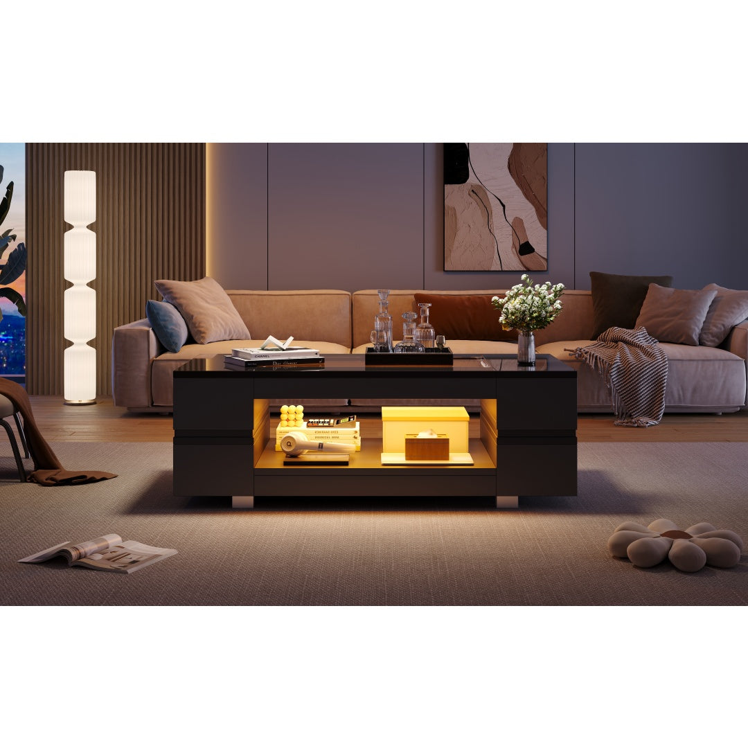 Hollow Coffee Table With Open Storage, Centre Table, Sofa Side Table With LED, High Gloss End Table With Glass Tabletop, Living Room, Office, Apartment100x50x35cm, White, MDF Glass