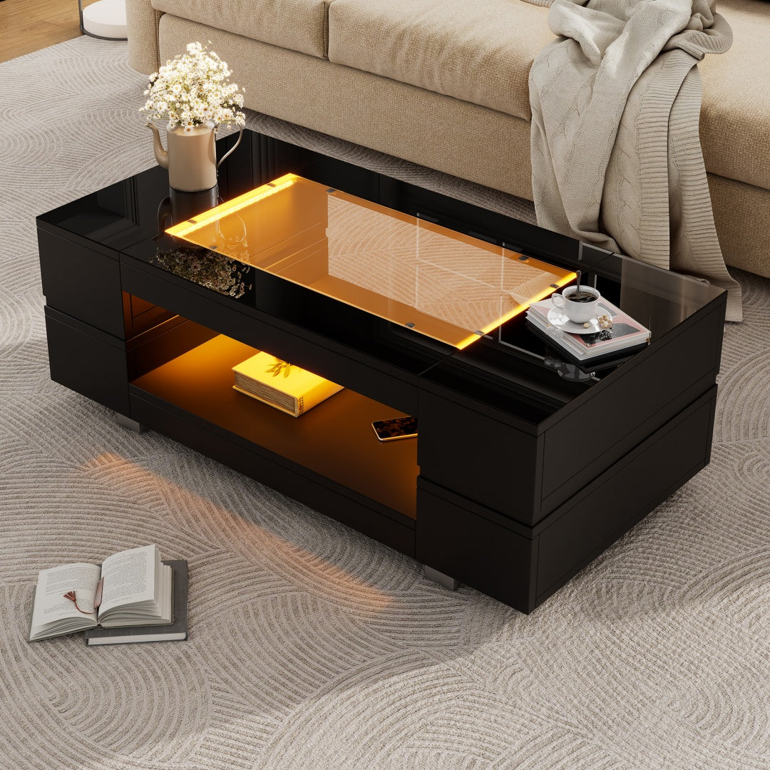 Hollow Coffee Table With Open Storage, Centre Table, Sofa Side Table With LED, High Gloss End Table With Glass Tabletop, Living Room, Office, Apartment100x50x35cm, White, MDF Glass